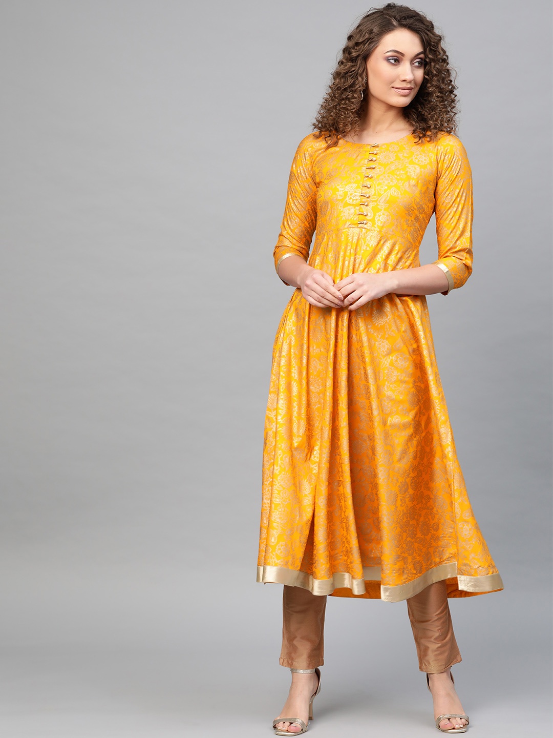

Libas Women Mustard Yellow & Golden Block Print Anarkali Kurta