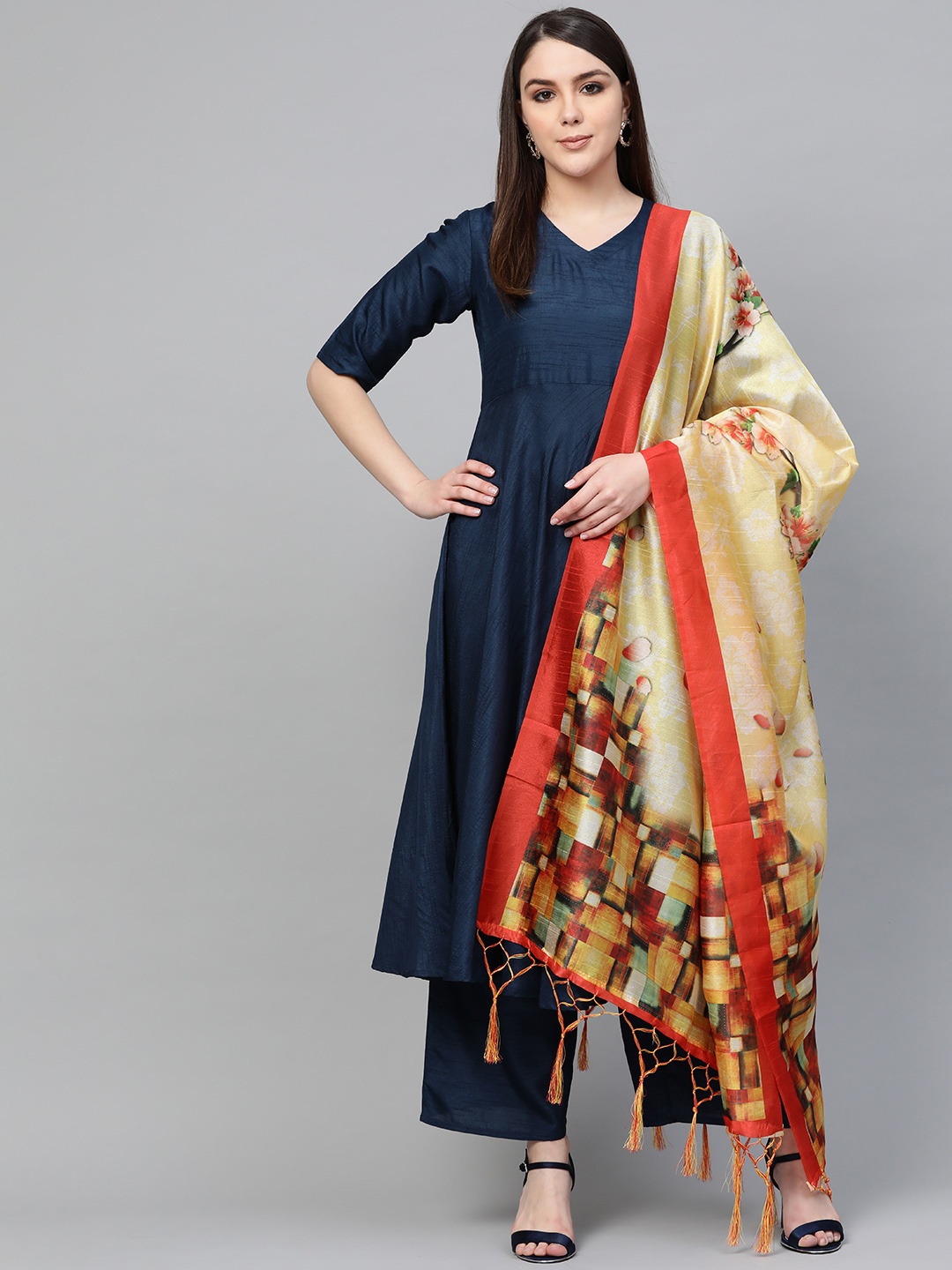 

Libas Women Navy Blue & Yellow Solid Kurta with Palazzos & Dupatta