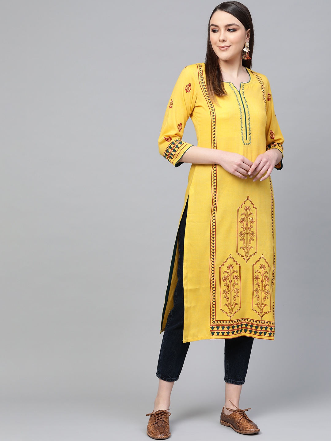 

Libas Women Mustard Yellow & Red Printed Straight Kurta