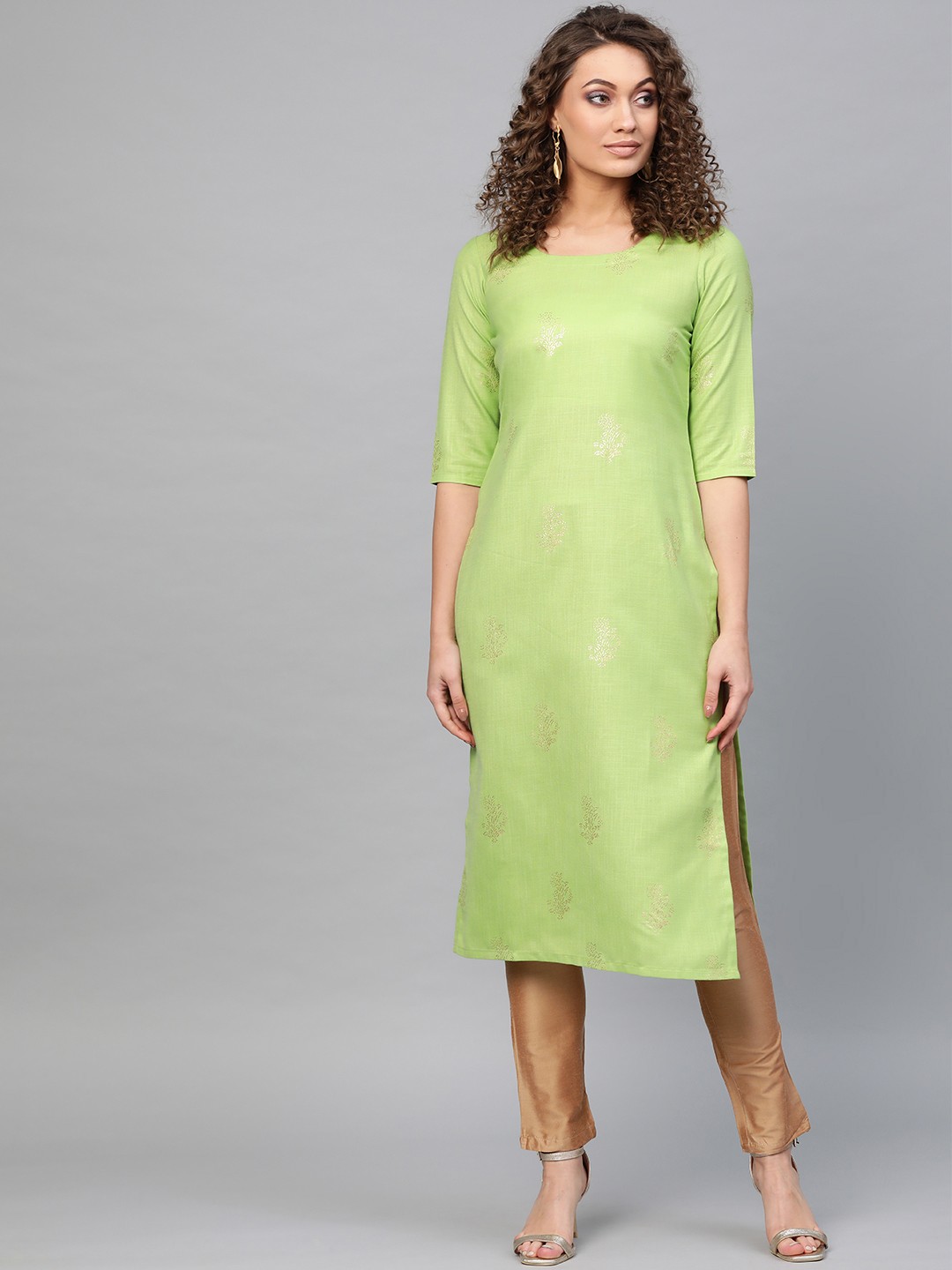 

Libas Women Green & Golden Block Print Straight Kurta