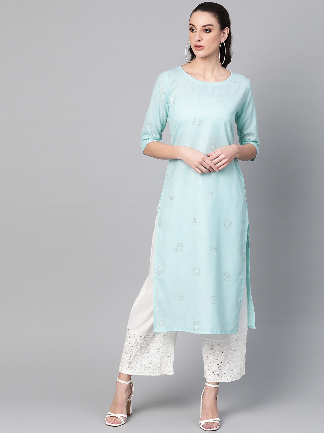 

Libas Women Blue & Silver Block Print Straight Kurta