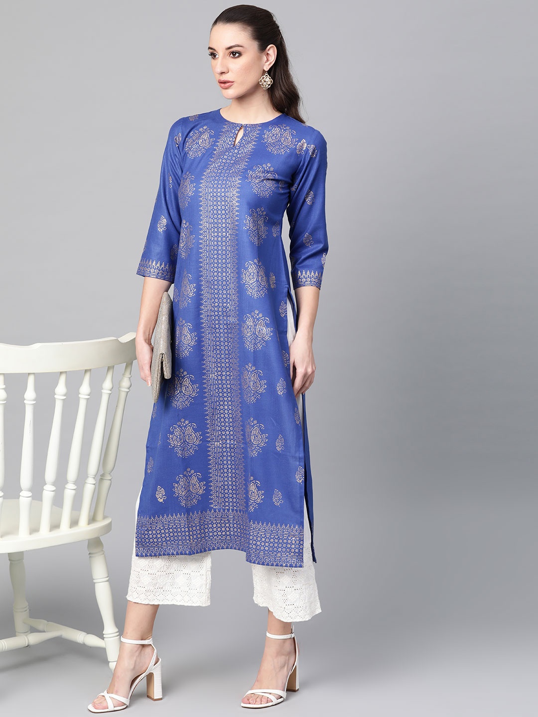 

Libas Women Blue & Golden Block Print Straight Kurta