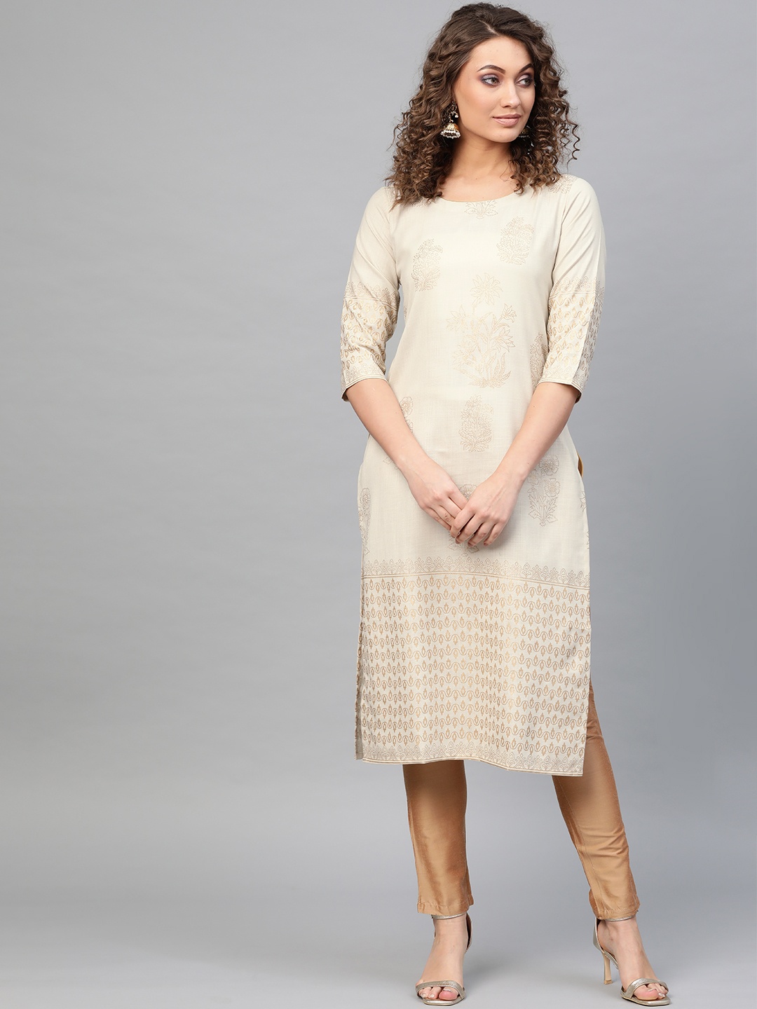 

Libas Women Grey & Golden Block Print Straight Kurta