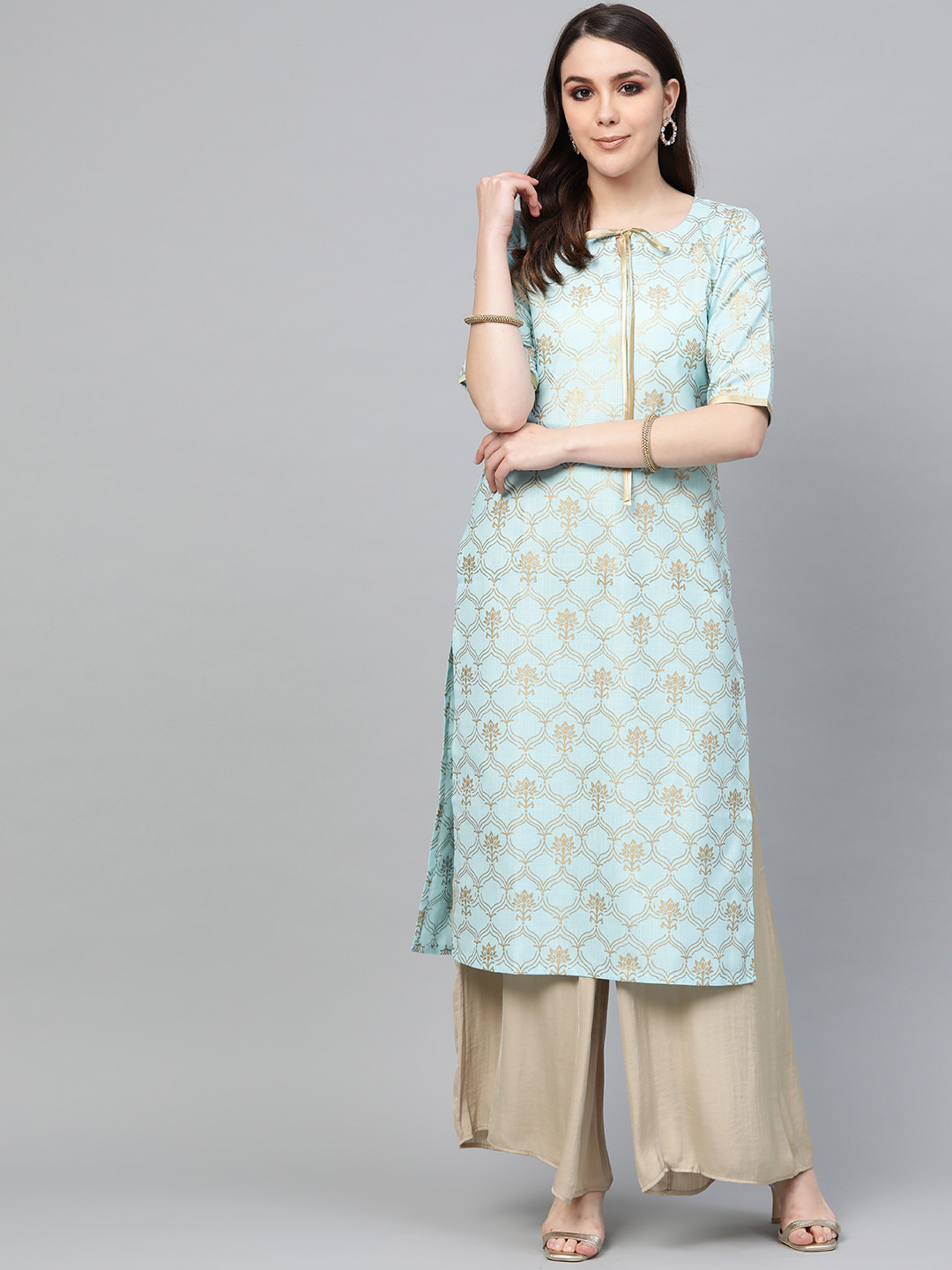 

Libas Women Blue & Golden Block Print Straight Kurta