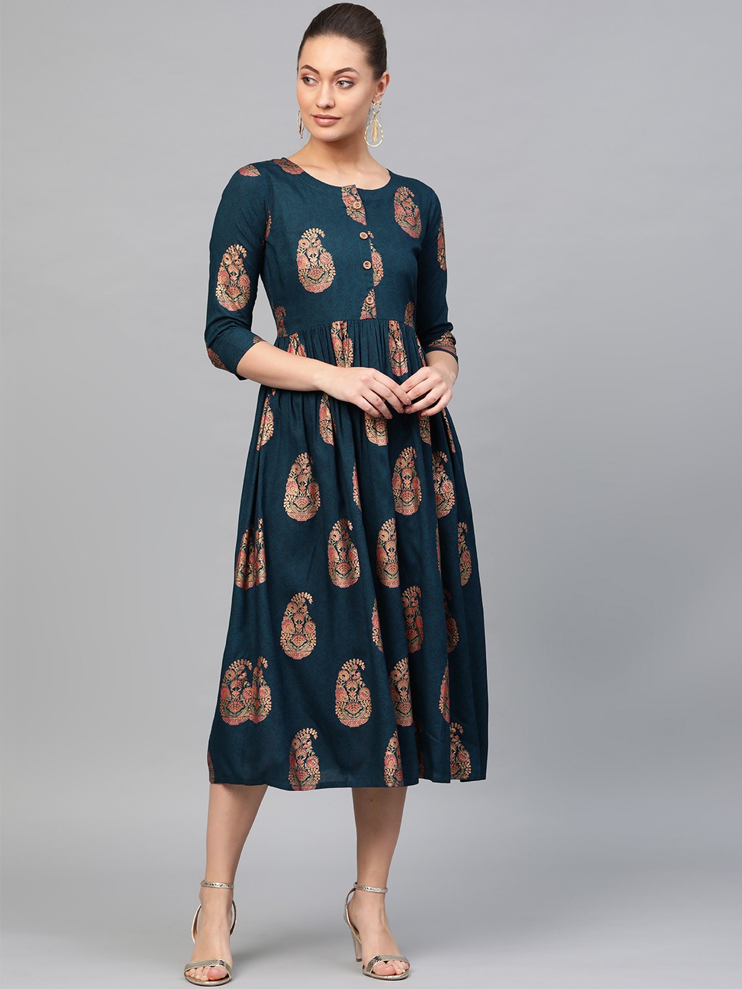 

Libas Women Navy Blue & Golden Block Print A-Line Dress