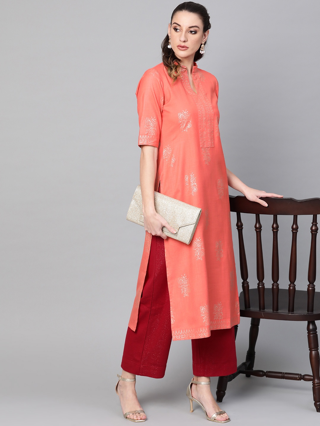 

Libas Women Peach-Coloured & Golden Block Print Straight Kurta