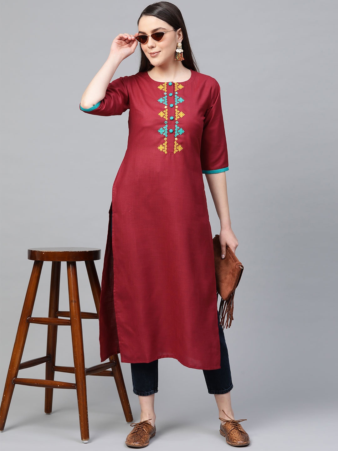 

Libas Women Maroon Yoke Design Straight Kurta