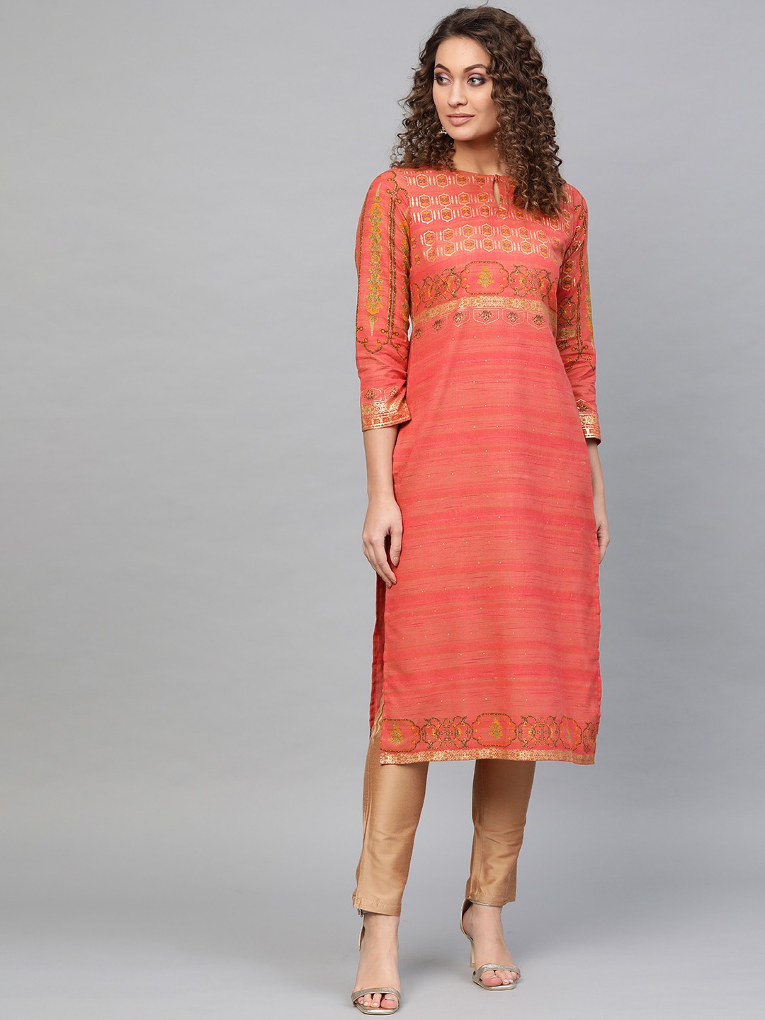 

Libas Women Pink & Golden Block Print Straight Kurta