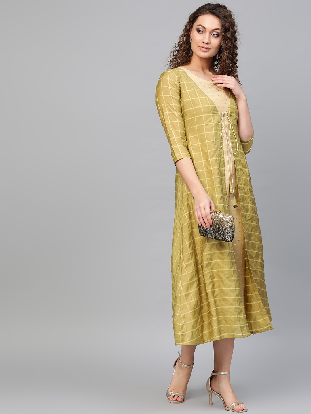 

Libas Women Beige Self Design Maxi Dress With Ethnic Jacket