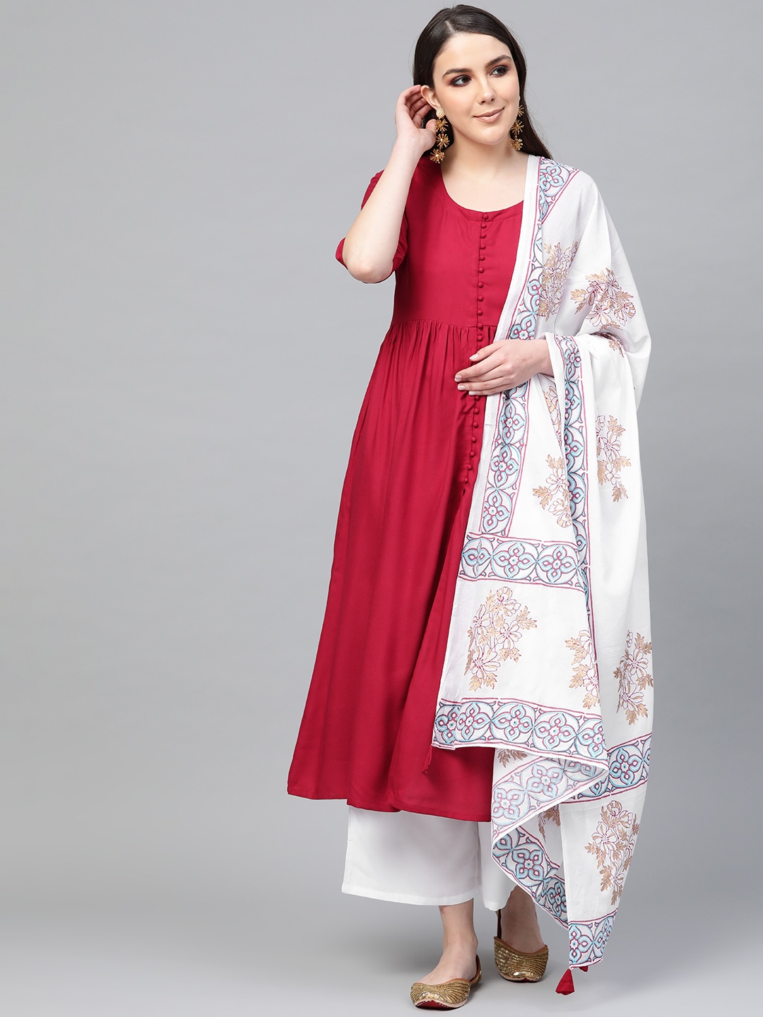 

Libas Women Maroon & White Solid Kurta with Palazzos & Dupatta