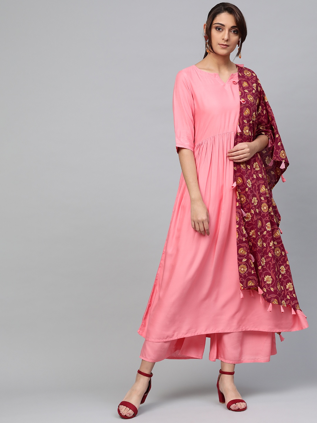 

Libas Women Pink & Maroon Solid Kurta with Palazzos & Dupatta