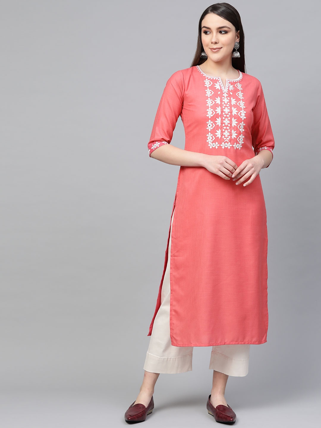 

Libas Women Pink & White Yoke Design Straight Kurta