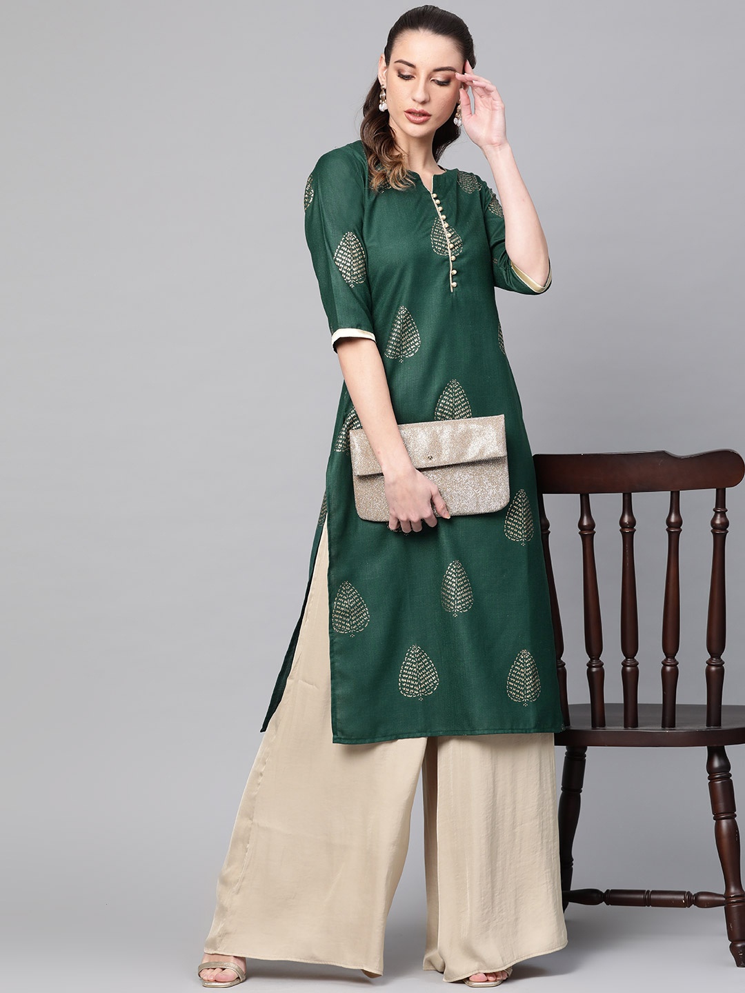 

Libas Women Green & Golden Block Print Straight Kurta