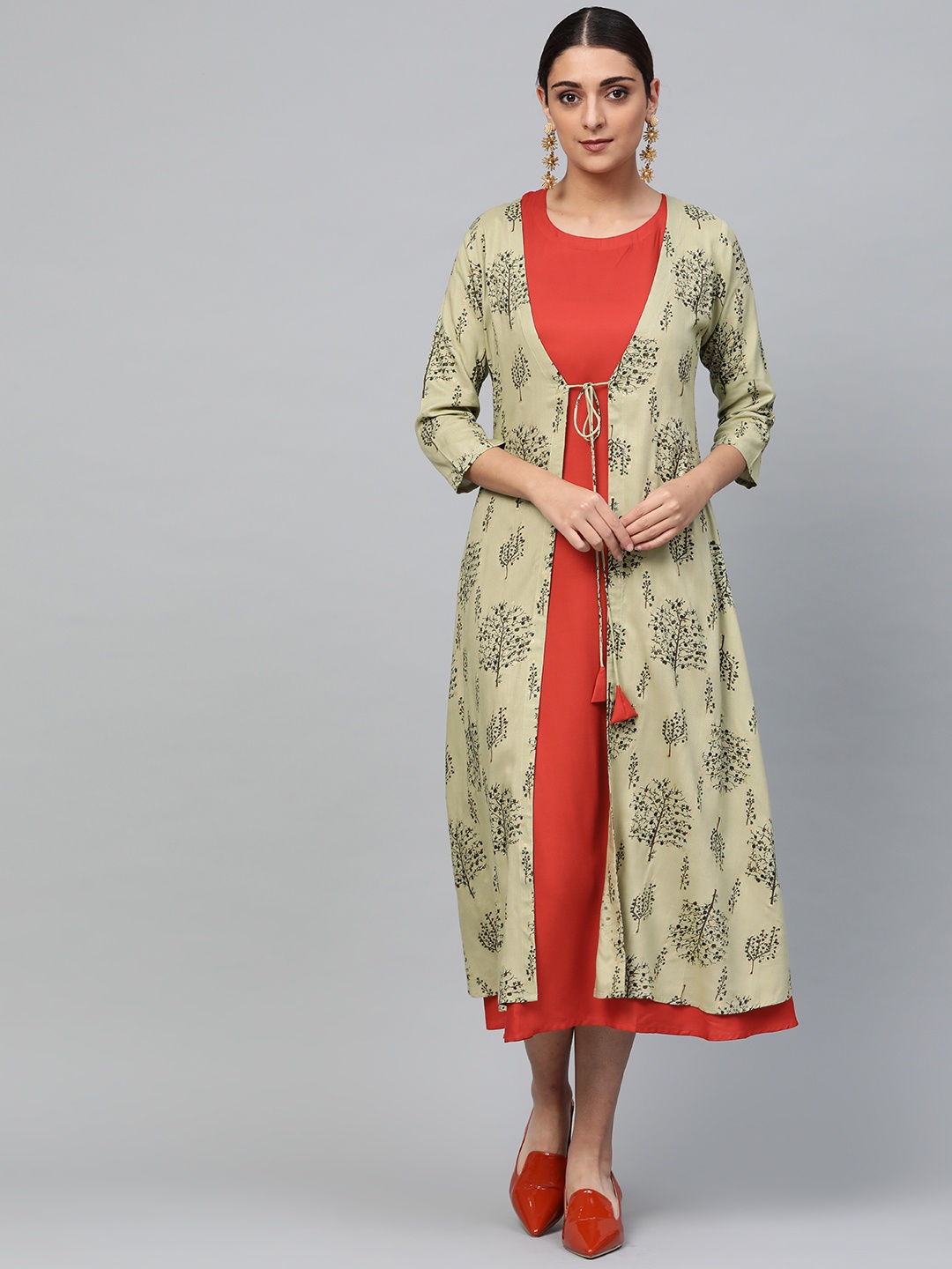 

Libas Women Red & Green Solid A-Line Dress with Block Print Ethnic Jacket