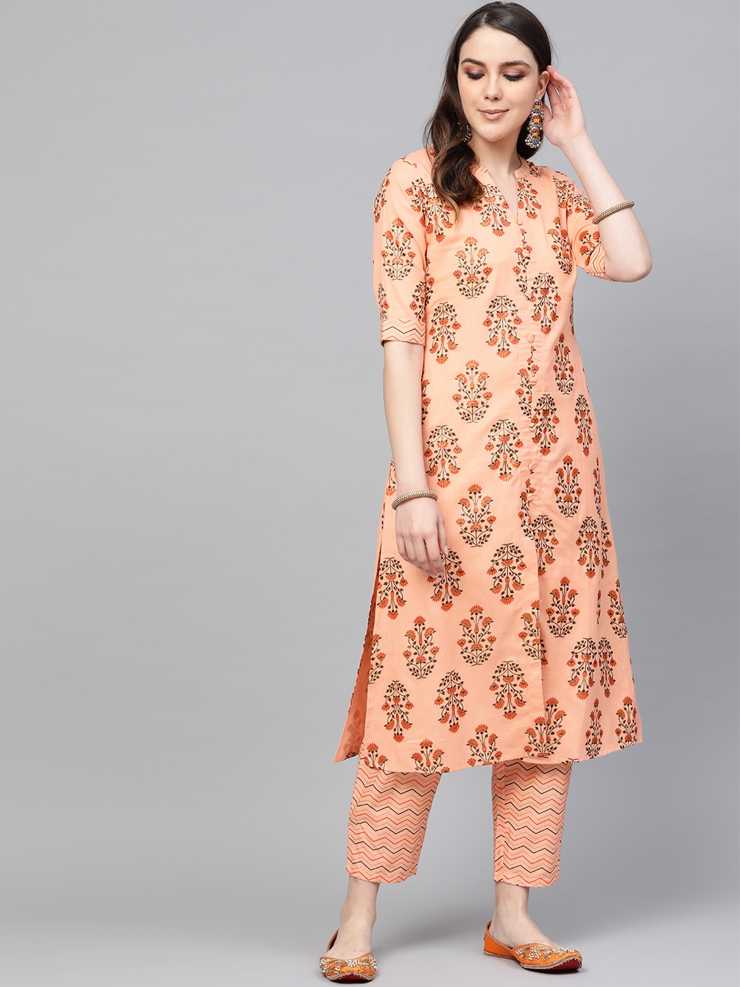 

Libas Women Peach-Coloured & Coffee Brown Printed Kurta with Trousers