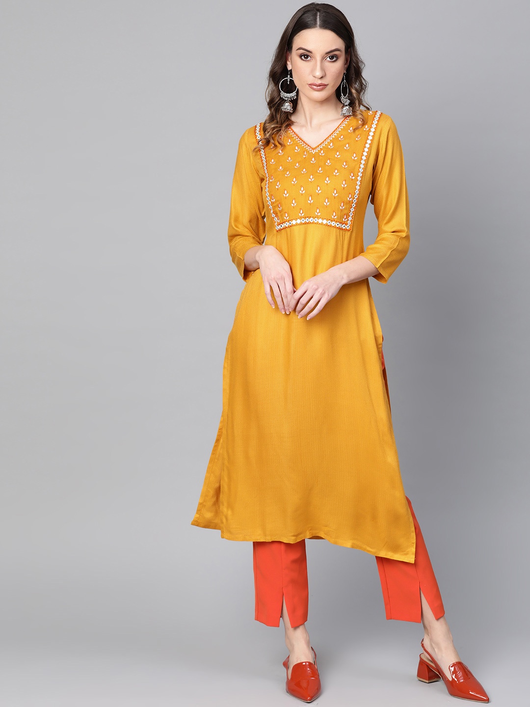 

Libas Women Mustard Yellow Yoke Design Straight Kurta