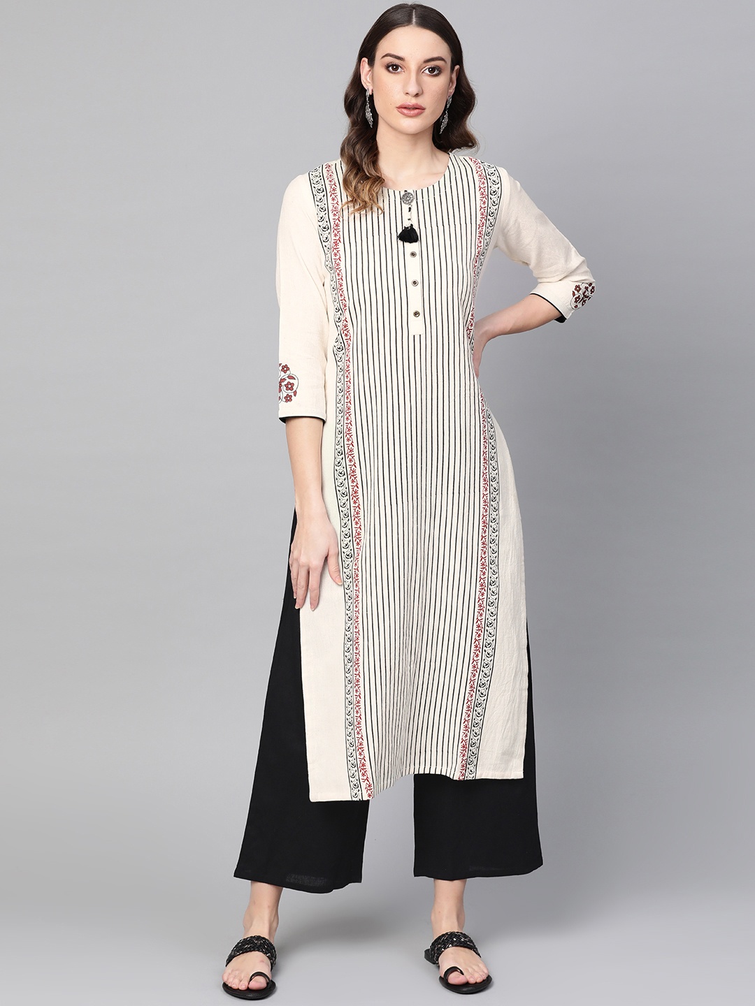 

Libas Women Beige & Black Striped Kurta with Palazzos