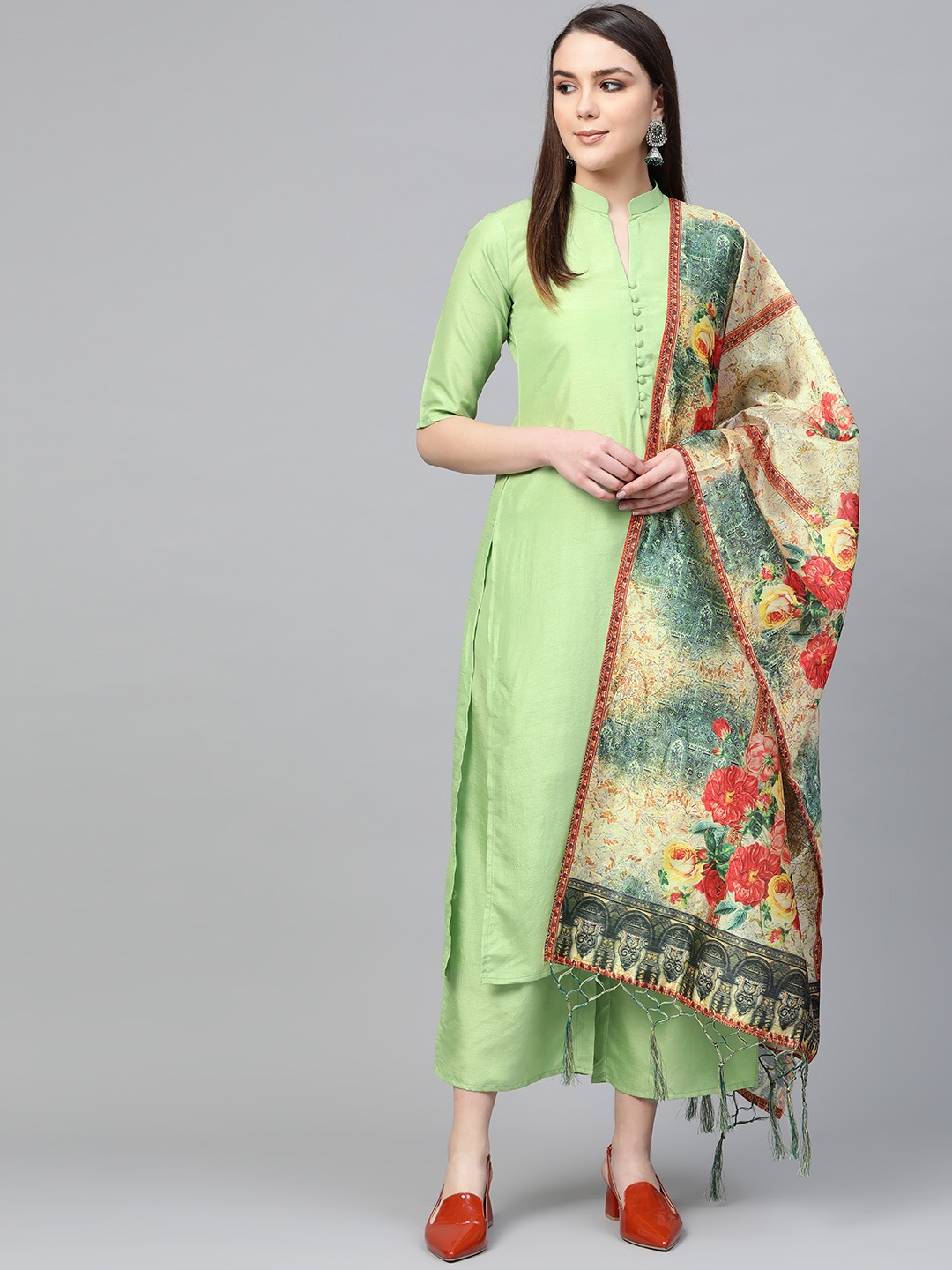 

Libas Women Green & Beige Solid Kurta with Palazzos & Dupatta