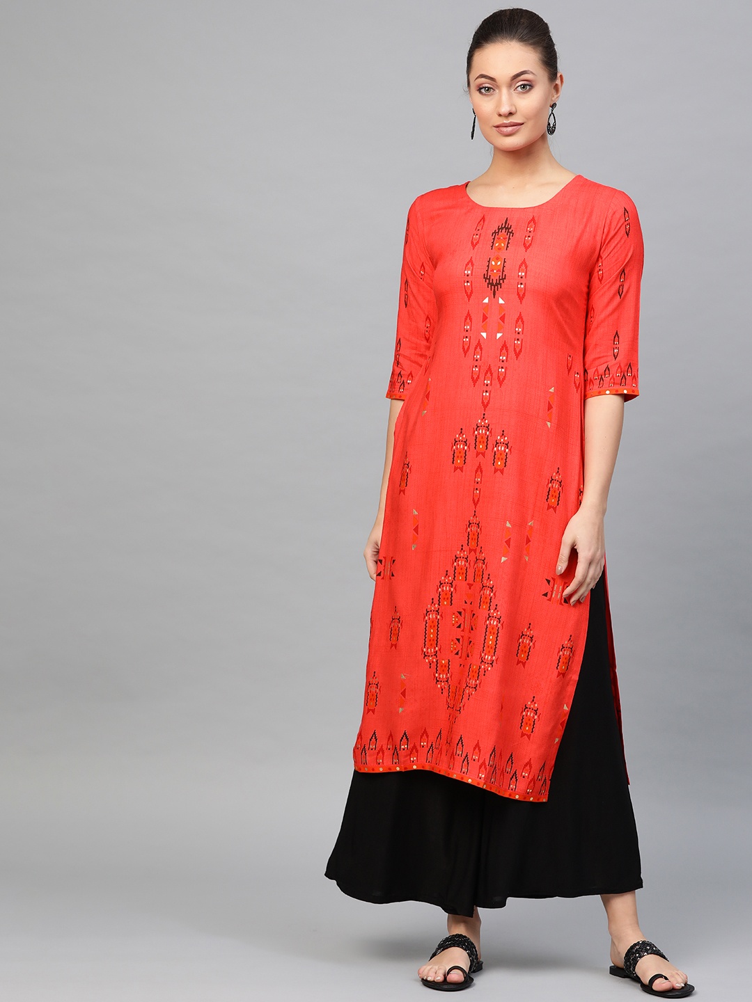 

Libas Women Orange & Black Printed Straight Kurta