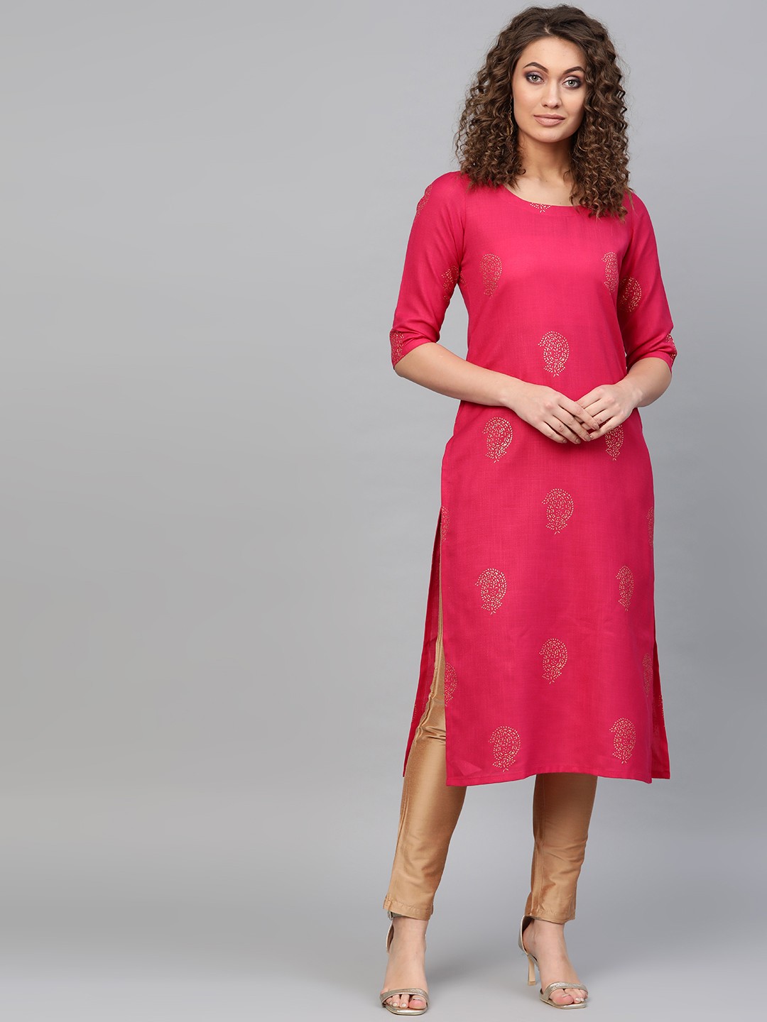 

Libas Women Pink & Golden Block Print Straight Kurta