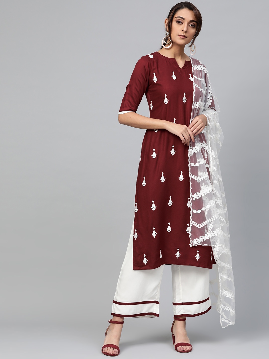 

Libas Women Maroon & White Embroidered Kurta with Palazzos & Dupatta