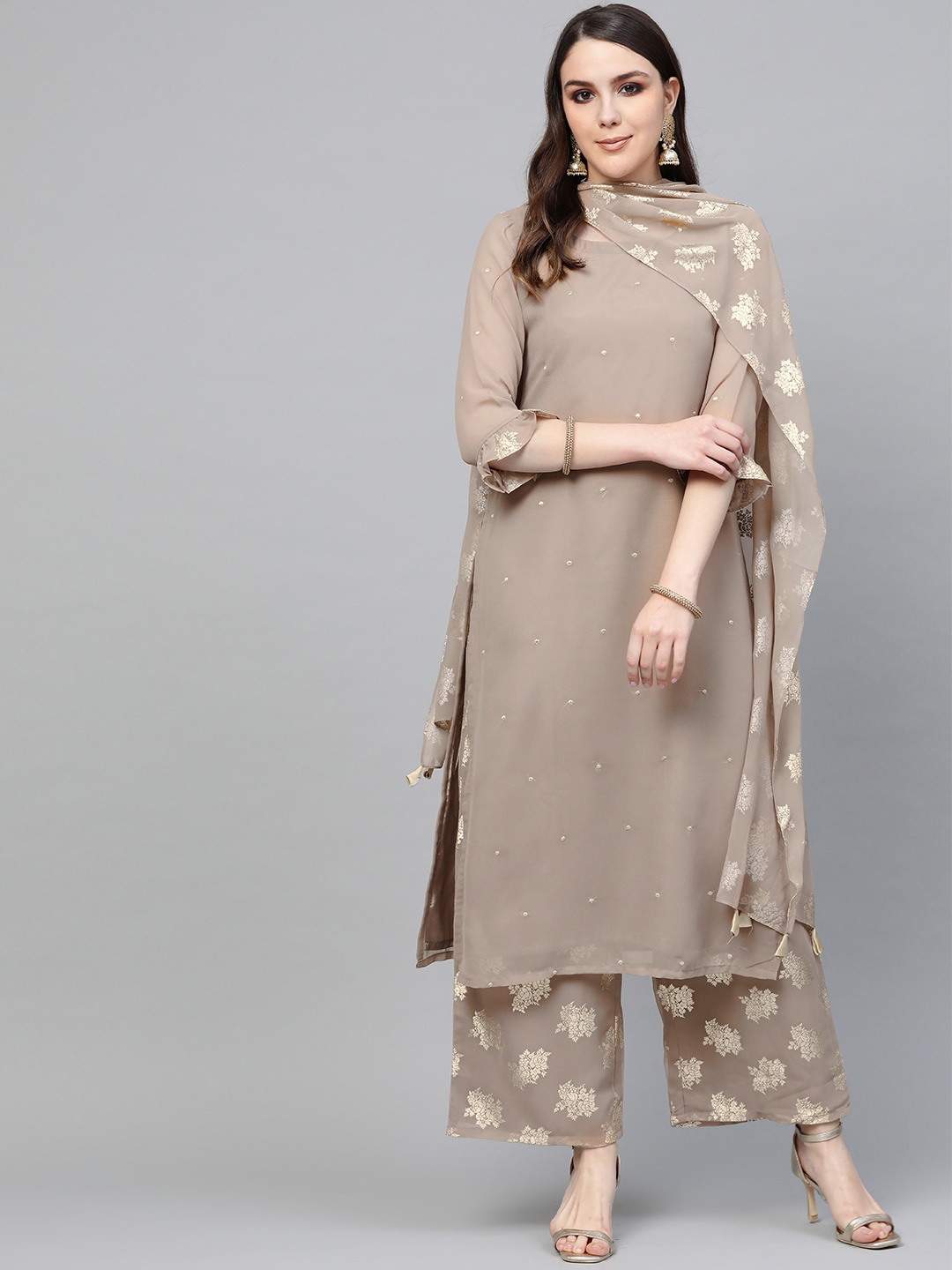 

Libas Women Taupe Embroidered Kurta with Palazzos & Dupatta