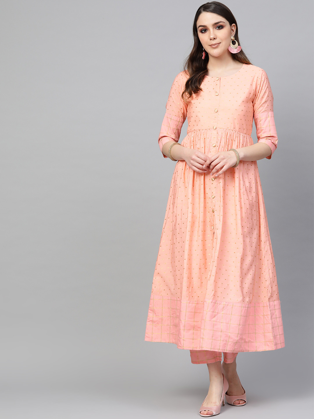 

Libas Women Peach-Coloured & Golden Woven Design Kurta with Trousers