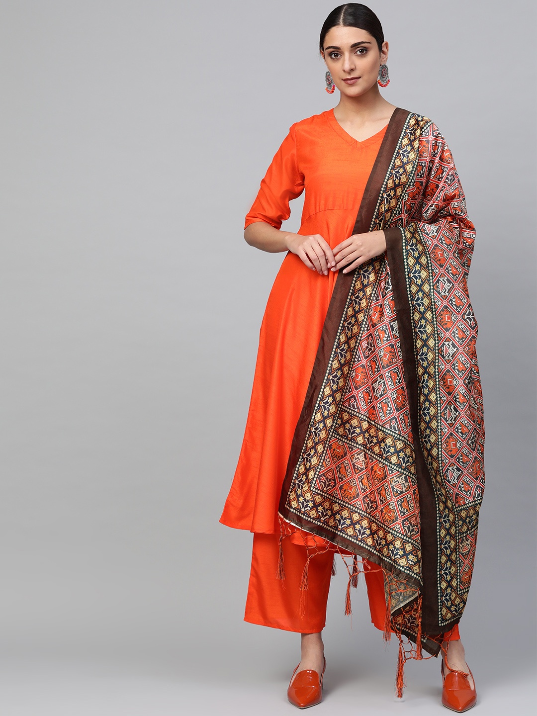 

Libas Women Orange & Navy Blue Solid Empire A-Line Kurta with Palazzos & Dupatta