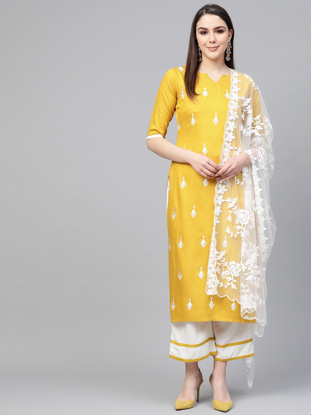 

Libas Women Mustard Yellow & White Embroidered Kurta with Palazzos & Dupatta