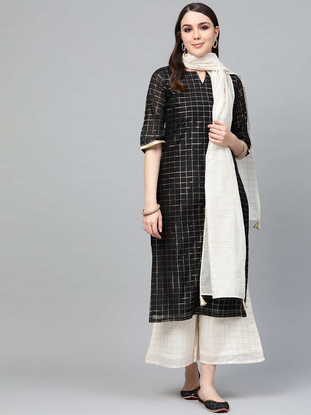 

Libas Women Black & Off-White Zari Self-Checked Design Kurta with Palazzos & Dupatta