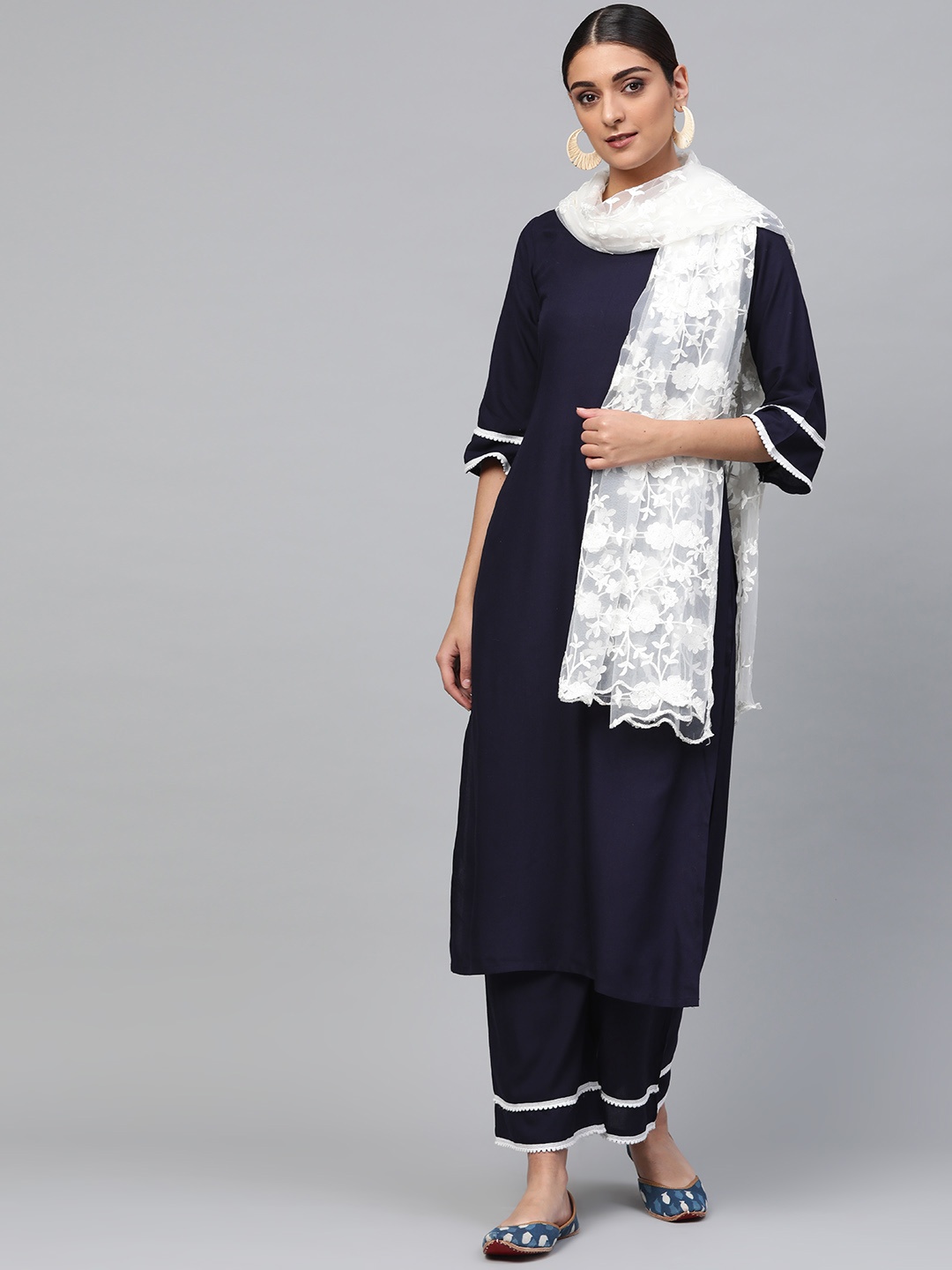 

Libas Women Navy Blue & Off-White Solid Kurta with Palazzos & Dupatta
