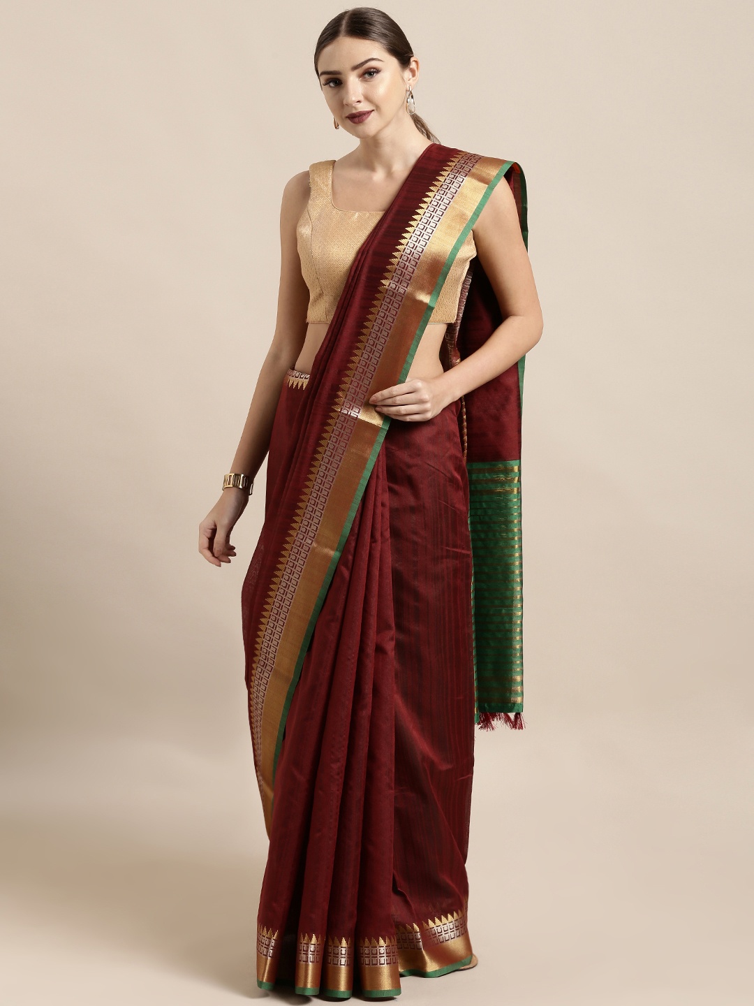 

Mitera Maroon Silk Blend Solid Chanderi Saree