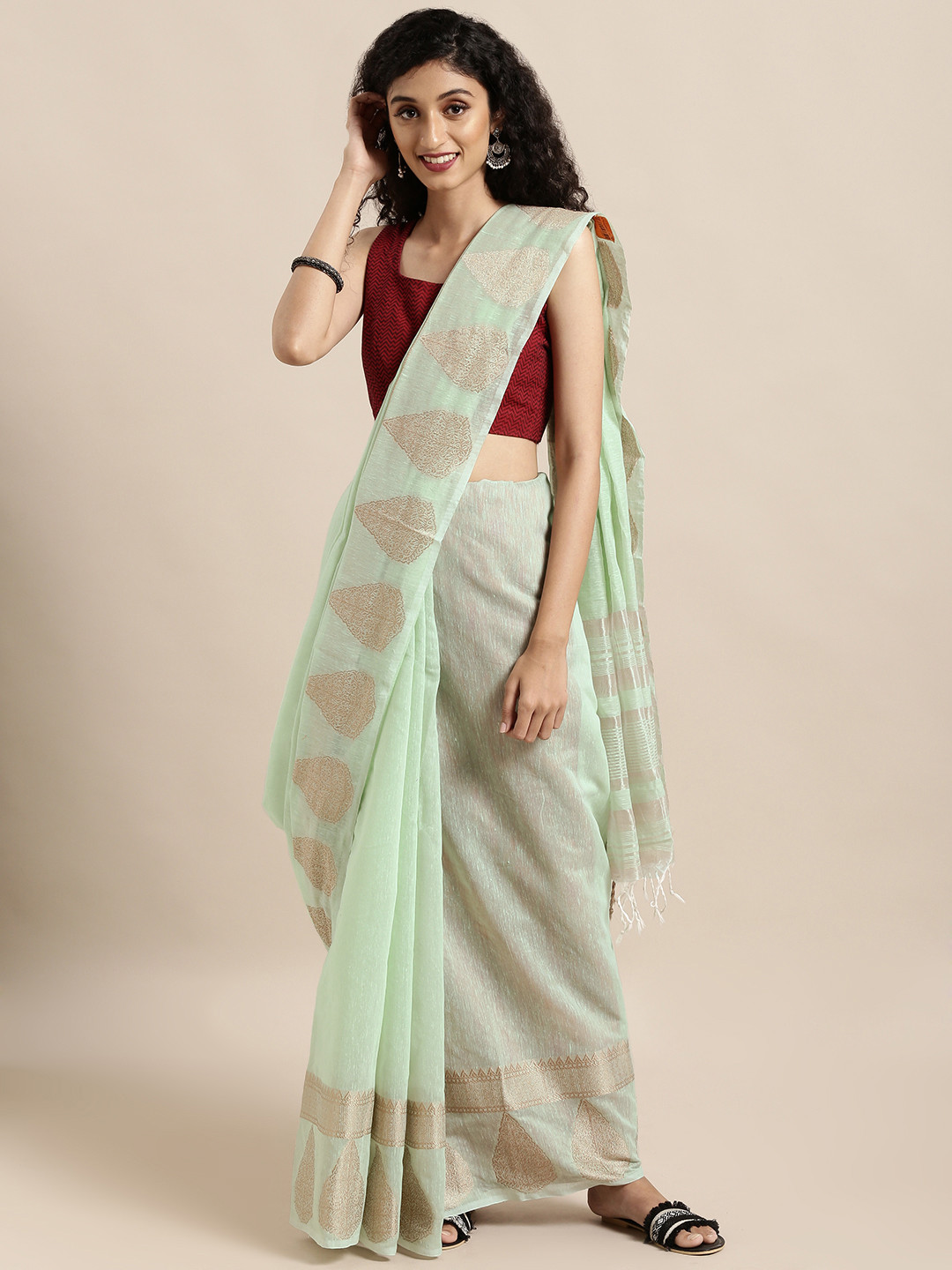

Mitera Sea Green & Grey Silk Cotton Colourblocked Kanjeevaram Saree