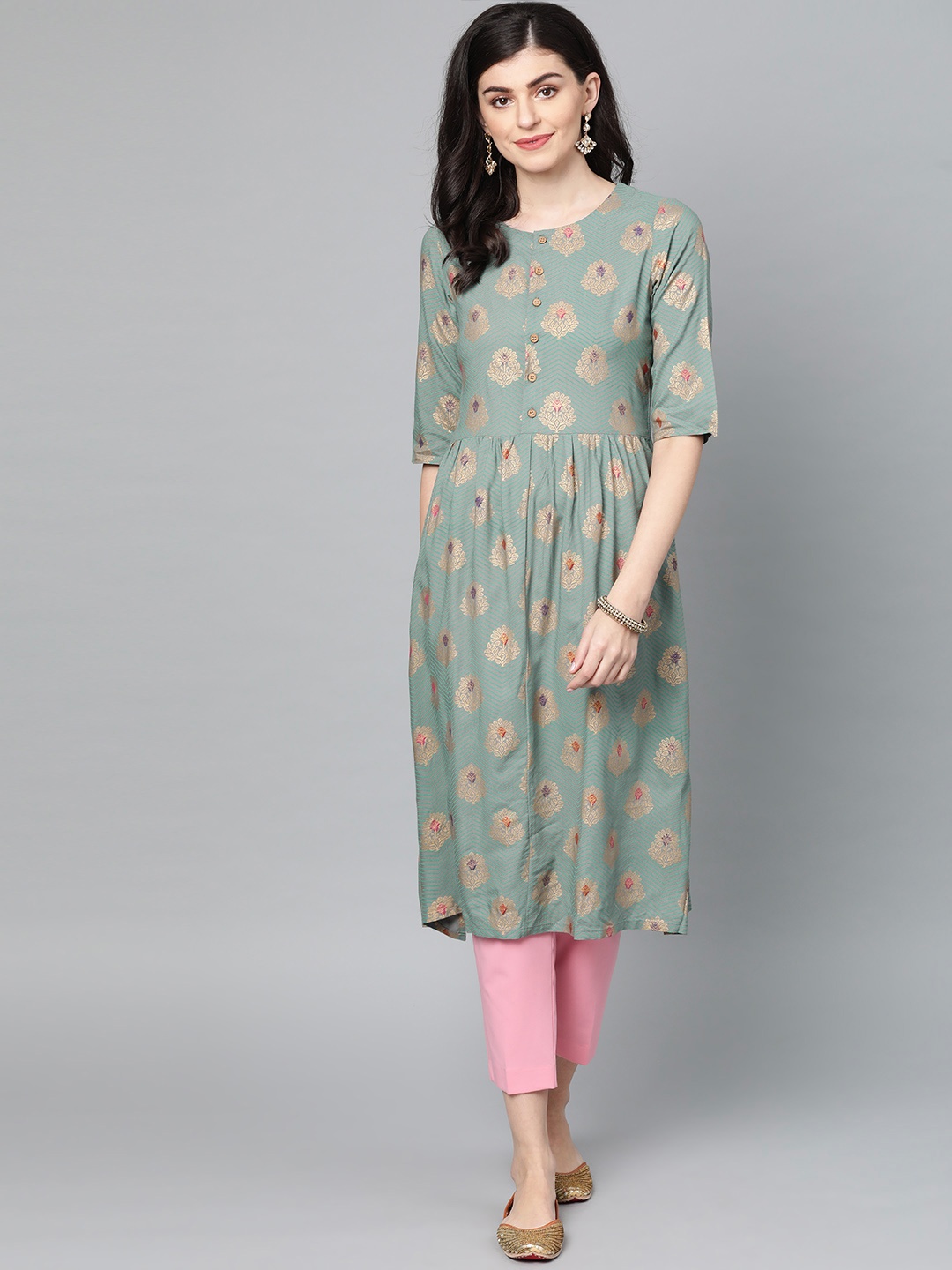 

Popnetic Women Green & Golden Printed A-Line Kurta