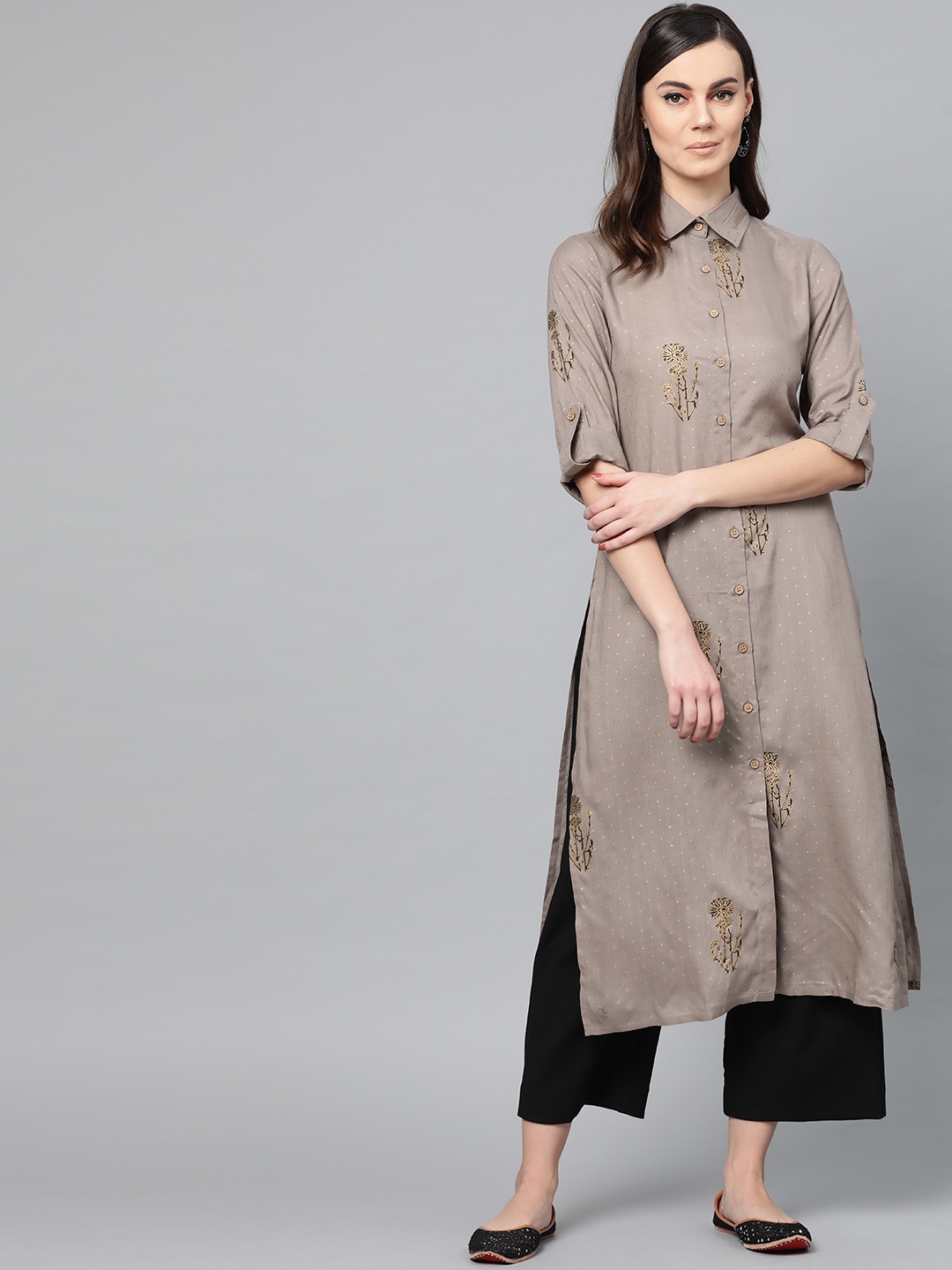 

Popnetic Women Grey & Golden Printed Straight Kurta