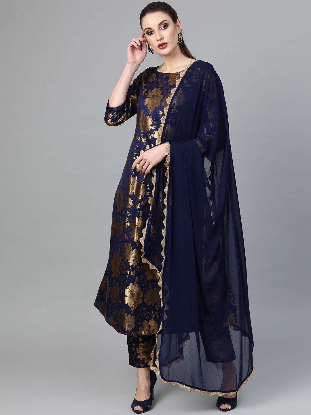 

Inddus Women Navy Blue & Golden Woven Design Kurta with Trousers & Dupatta