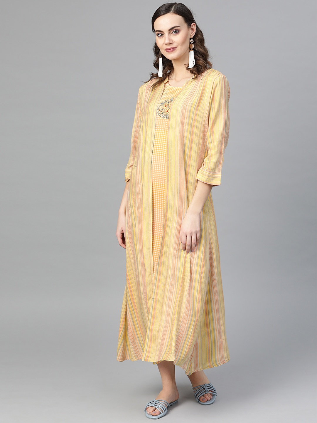 

Inddus Women Yellow Checked A-Line Dress with Floral Detail & Ethnic Jacket