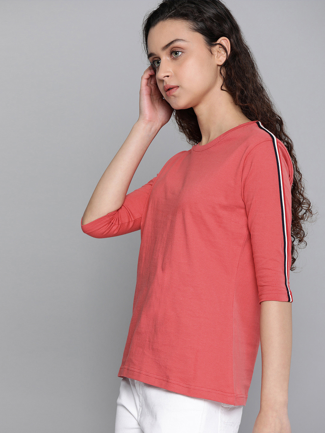 

DILLINGER Women Coral Pink Solid Round Neck T-shirt