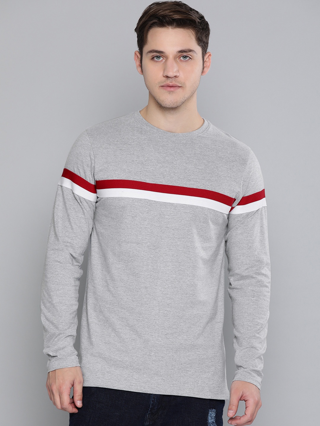

DILLINGER Men Grey Melange Striped Round Neck T-shirt