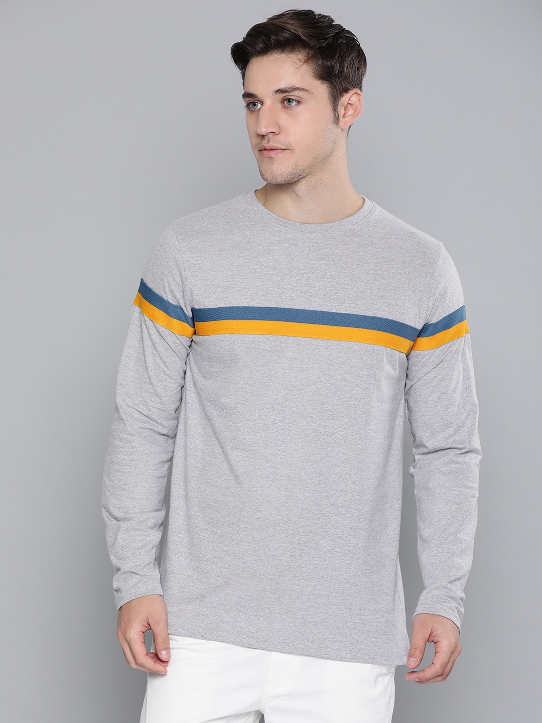 

DILLINGER Men Grey Blue Striped Round Neck Pure Cotton T-shirt