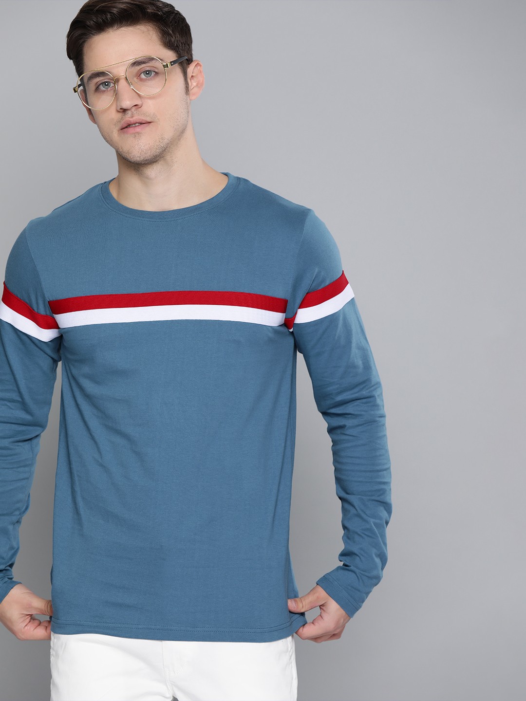 

DILLINGER Men Blue Red Striped Round Neck Pure Cotton T-shirt