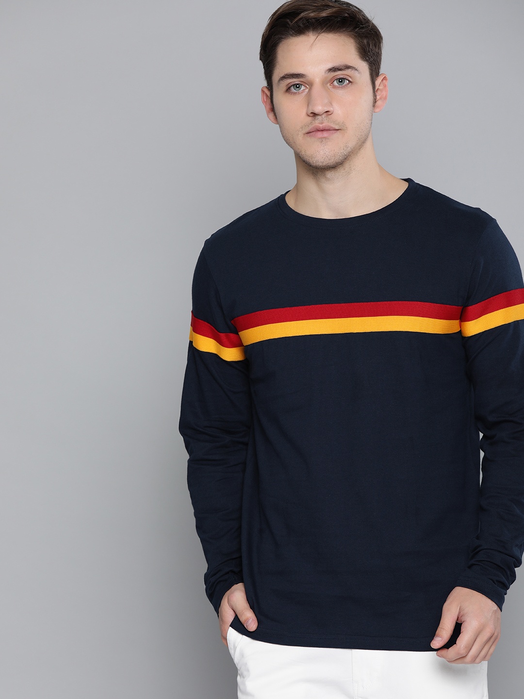 

DILLINGER Men Navy Blue Red Striped Round Neck Pure Cotton T-shirt