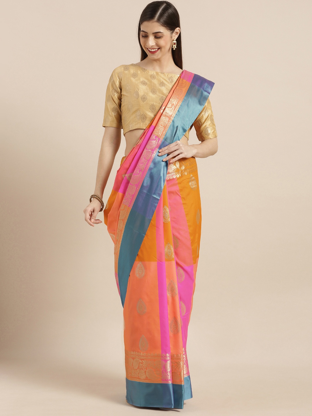 

Varkala Silk Sarees Coral & Orange Silk Blend Woven Design Kanjeevaram Saree