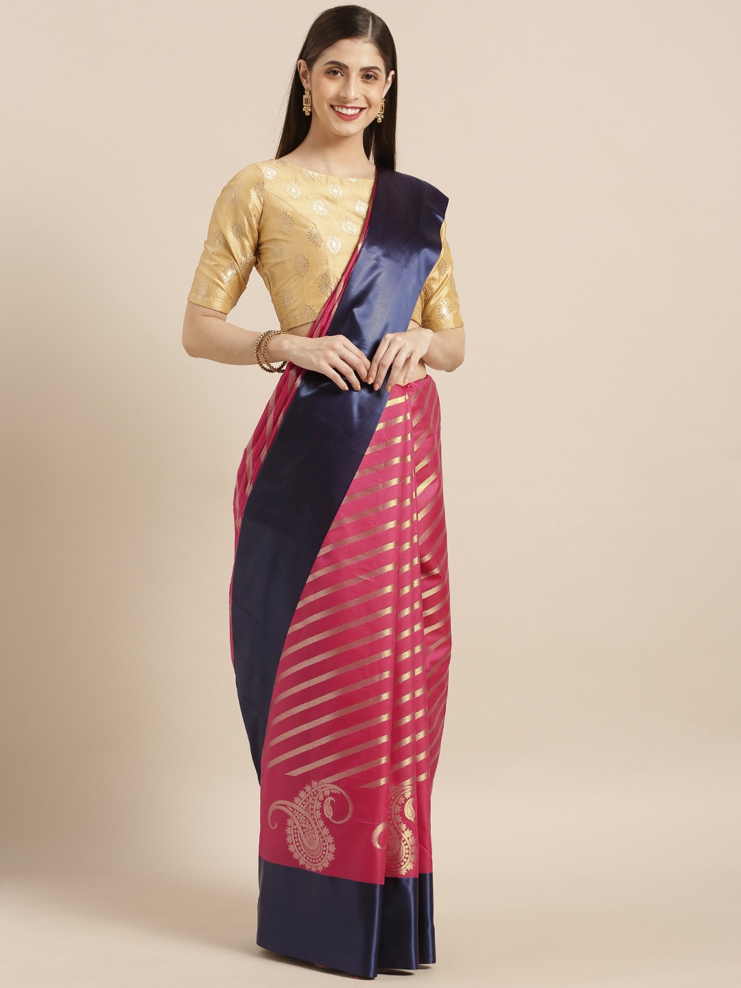 

Varkala Silk Sarees Pink Silk Blend Woven Design Striped Leheriya Saree