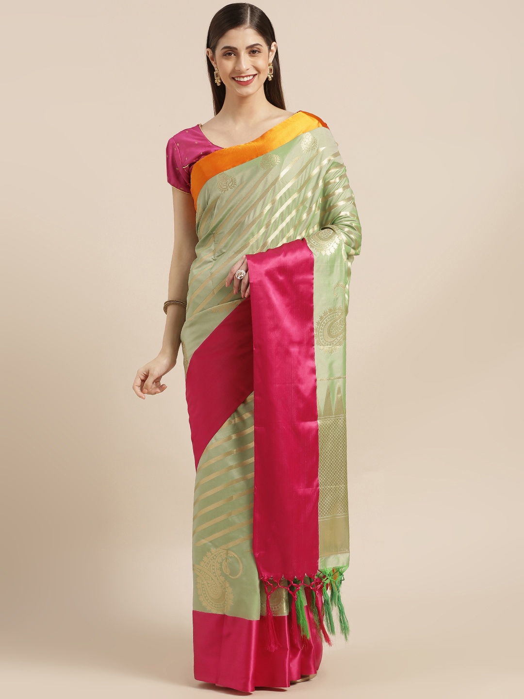 

Varkala Silk Sarees Sea Green & Pink Silk Blend Striped Saree