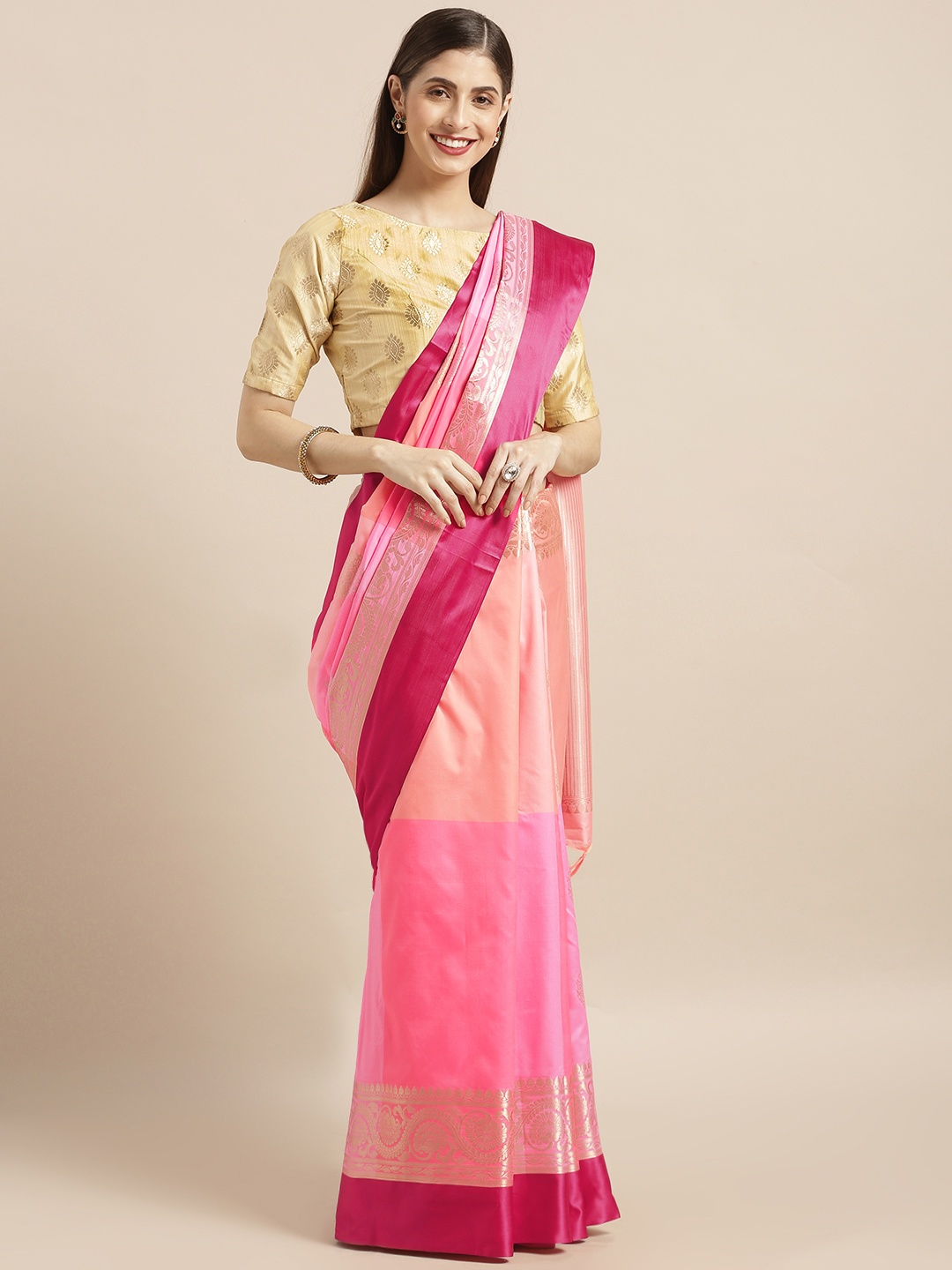 

Varkala Silk Sarees Peach-Coloured & Pink Silk Blend Colourblocked Kanjeevaram Saree