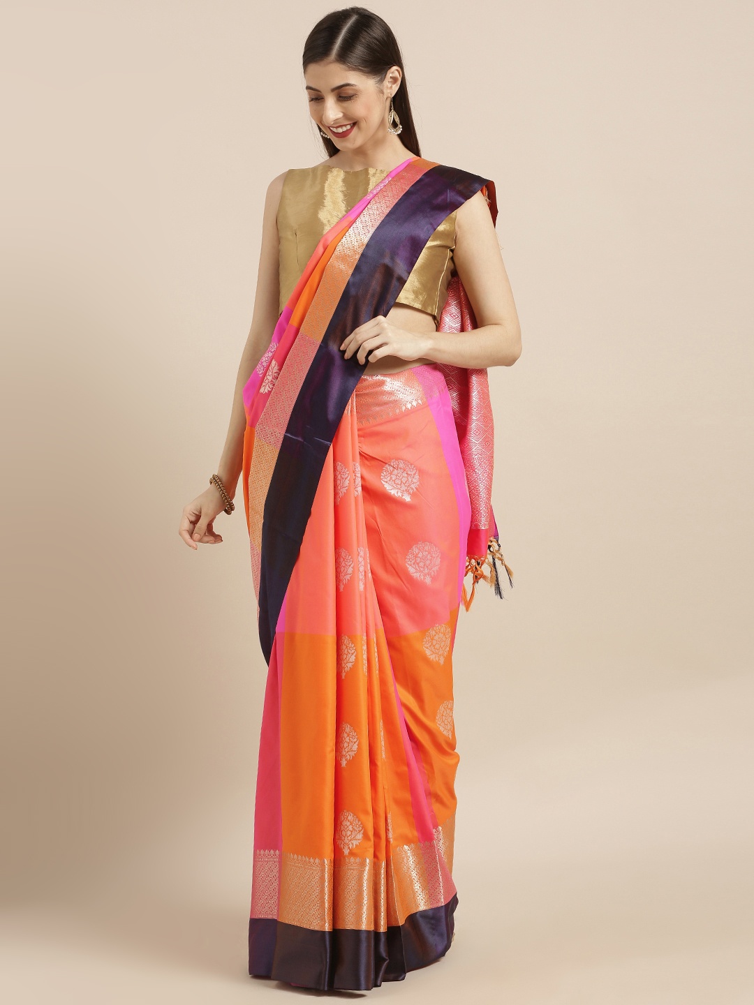 

Varkala Silk Sarees Coral Orange & Pink Silk Blend Woven Design Kanjeevaram Saree