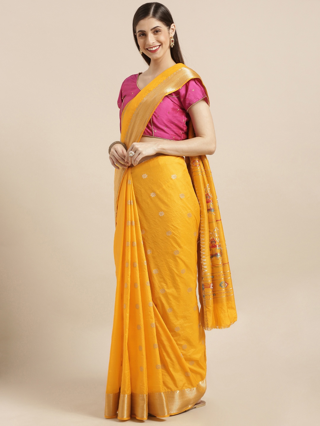 

Varkala Silk Sarees Yellow Silk Blend Woven Design Paithani Saree