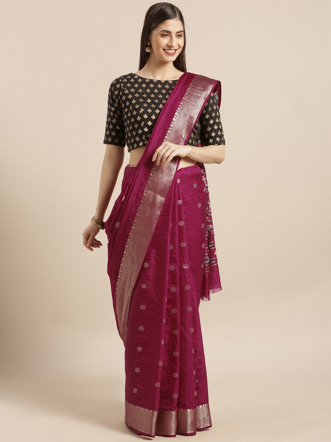 

Varkala Silk Sarees Burgundy & Gold-Toned Silk Blend Woven Design Paithani Saree