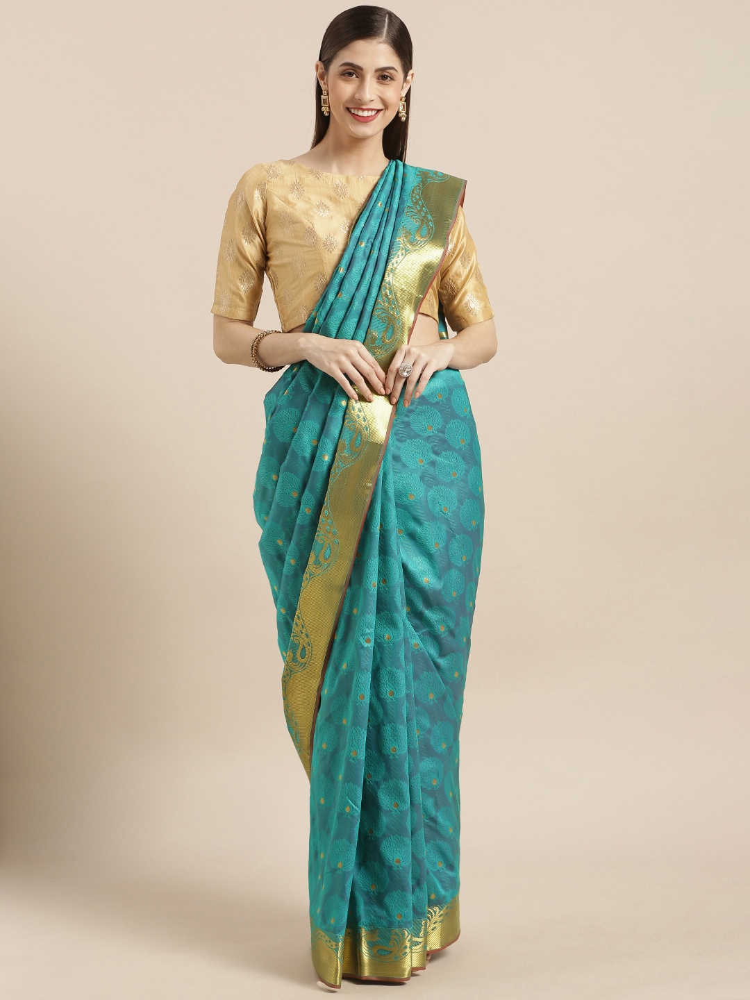

Varkala Silk Sarees Teal Silk Blend Woven Design Paithani Saree
